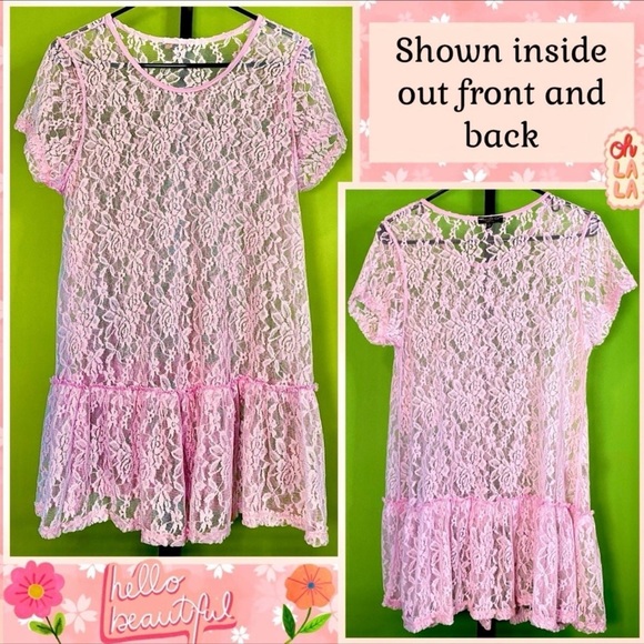 L PINK SHEER FLORAL LACE TUNIC DRESS RUFFLE HEM PREOWNED ITEM - Picture 8 of 12